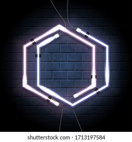 Neon shine double hexagon with empty place for your text. Vintage electronic luminous dual sexangle frame on a brick background for your design. Vector illustration