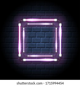 Neon shine double square with empty place for your text. Vintage electronic luminous dual rectangular frame on a brick background for your design. Vector illustration