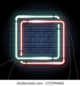 Neon shine double square with empty place for your text. Vintage electronic luminous dual rectangular frame on a brick background for your design. Vector illustration