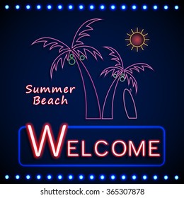 Neon shining beach party with palm tree and the sun.vector