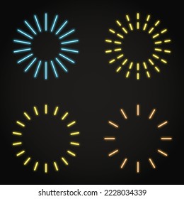 Neon shining fireworks set. Radial burst collection with glowing lines, circular frames. Vector illustration.