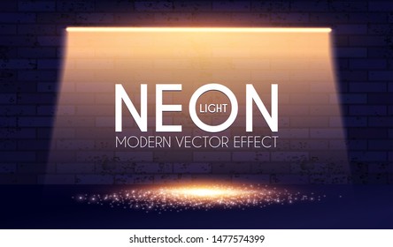Neon Shining Lamp, Brick Wall and Magic Reflection. Abstract Background.