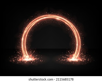 Neon leuchtende runde Bogen mit hellen Blitzen und Funken. Abstrakter Hintergrund mit leuchtendem Lichteffekt. Leuchtender elektrischer Bogen mit roter Farbe.