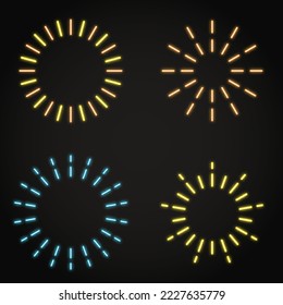 Neon shining round fireworks set. Bright frames with glowing circular lines. Vector illustration.