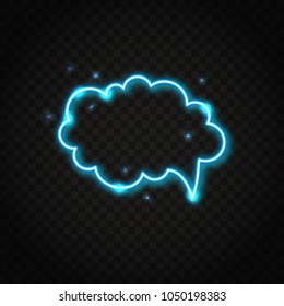 Neon shiny blue cloud speech bubble with space for text. Abstract electric light frame isolated on dark background.
