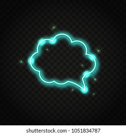 Neon shiny blue cloud speech bubble with space for text. Abstract electric light frame isolated on dark background.
