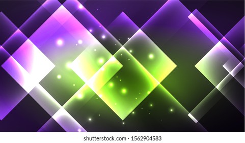 Neon shiny color squares on black, modern template. Vector