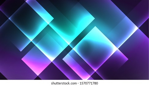 Neon shiny color squares on black, modern template. Vector