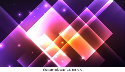 Neon shiny color squares on black, modern template. Vector
