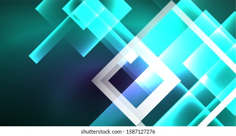 Neon shiny color squares on black, modern template. Vector