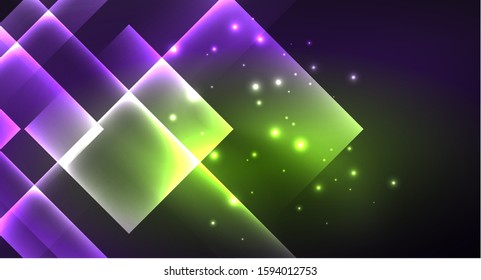 Neon shiny color squares on black, modern template. Vector