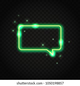 Neon shiny green rectangle speech bubble with space for text. Abstract electric light frame isolated on dark background.