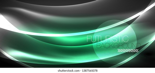 Neon shiny light glowing wave lines, vector futuristic techno template