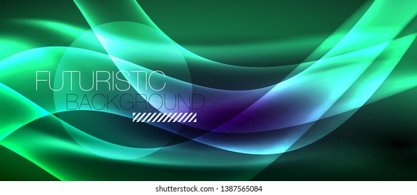 Neon shiny light glowing wave lines, vector futuristic techno template