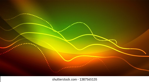 Neon shiny light glowing wave lines, vector futuristic techno template