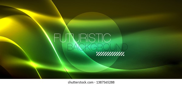 Neon shiny light glowing wave lines, vector futuristic techno template