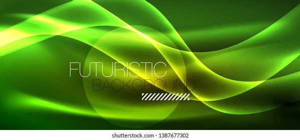 Neon shiny light glowing wave lines, vector futuristic techno template
