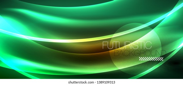 Neon shiny light glowing wave lines, vector futuristic techno template