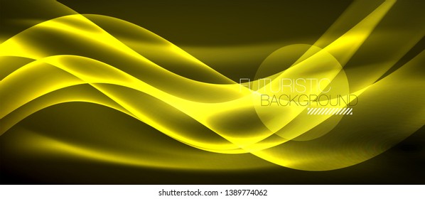 Neon shiny light glowing wave lines, vector futuristic techno template