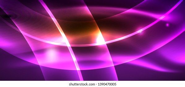 Neon shiny light glowing wave lines, vector futuristic techno template