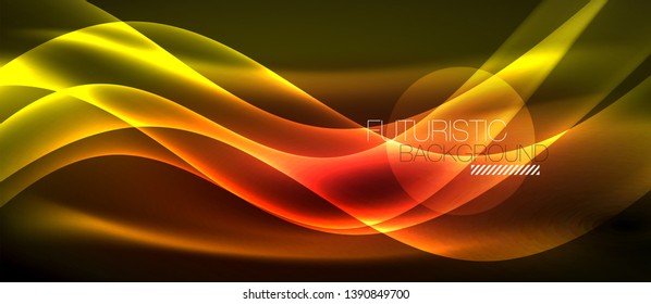 Neon shiny light glowing wave lines, vector futuristic techno template