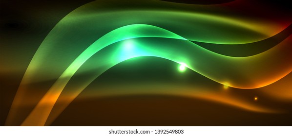 Neon shiny light glowing wave lines, vector futuristic techno template