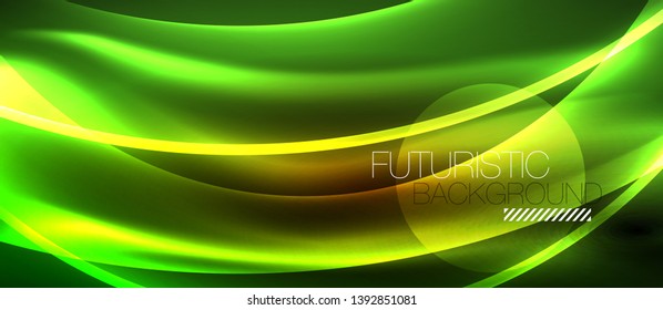 Líneas de onda luminosa brillante neón, plantilla de tecnología futurista vectorial