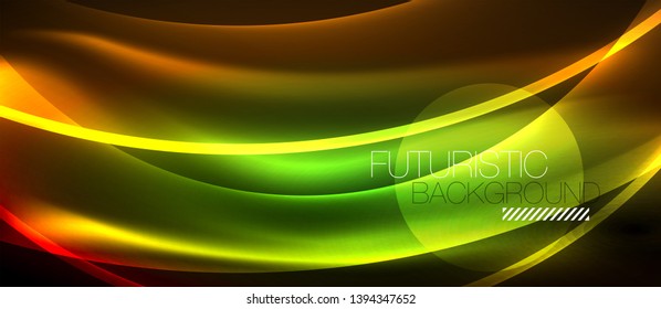 Líneas de onda luminosa brillante neón, plantilla de tecnología futurista vectorial