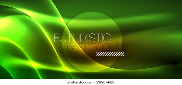 Neon shiny light glowing wave lines, vector futuristic techno template