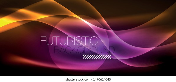 Neon shiny light glowing wave lines, vector futuristic techno template