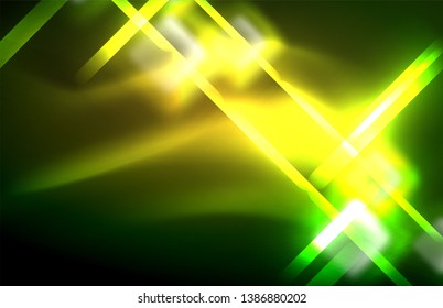 Neon shiny light lines on black, techno modern template, modern design