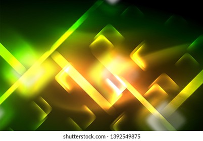 Neon shiny light lines on black, techno modern template, modern design