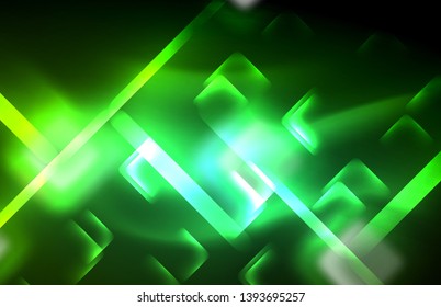 Neon shiny light lines on black, techno modern template, modern design