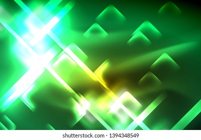 Neon shiny light lines on black, techno modern template, modern design