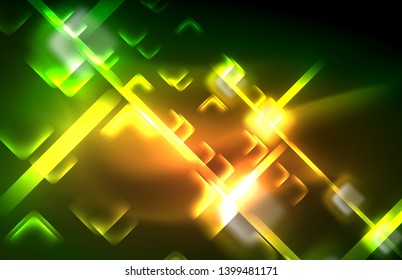 Neon glänzende Lichtlinien auf Schwarz, techno-moderne Vorlage, modernes Design