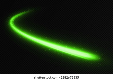 Líneas brillantes de neón con efecto ligero. Trazo de luz de polvo que ensucia. Resumen de líneas de movimiento mágico. Elemento de diseño de onda brillante con chispas y partículas.