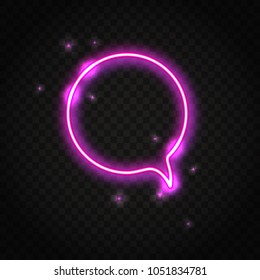 Neon shiny pink round speech bubble with space for text. Abstract electric light frame isolated on dark background.