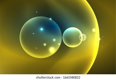 Neon shiny transparent glowing circles with light effects. Techno futuristic vector abstract background For Wallpaper, Banner, Background, Card, Book Illustration, landing page