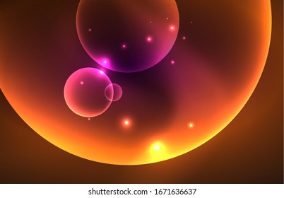 Neon glänzende, transparente, leuchtende Kreise mit Lichteffekten. Techno-futuristische Vektorillustration abstrakter Hintergrund für Bildschirmhintergrund, Banner, Hintergrund, Karte, Buchillustration, Landungsseite