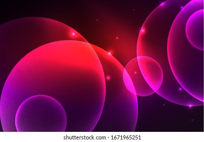 Neon shiny transparent glowing circles with light effects. Techno futuristic vector abstract background For Wallpaper, Banner, Background, Card, Book Illustration, landing page