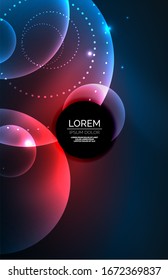 Neon shiny transparent glowing circles with light effects. Techno futuristic vector abstract background For Wallpaper, Banner, Background, Card, Book Illustration, landing page