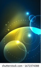 Neon shiny transparent glowing circles with light effects. Techno futuristic vector abstract background For Wallpaper, Banner, Background, Card, Book Illustration, landing page