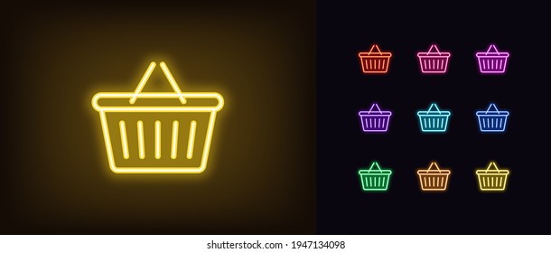 Neon shop basket icon. Glowing neon basket with handle, outline sign and silhouette in vivid colors. Online store, website basket, online shopping. Vector icon set, sign, pictogram for UI