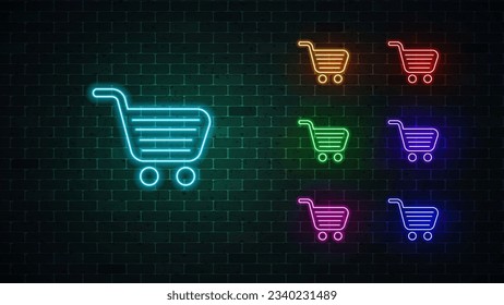 Neon shoping cart. Basket neon set. Online Shopping sign. Vector illustration