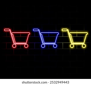 Carrinho de compras Neon. Cesta neon set. Sinal de compras online. Ilustração vetorial.