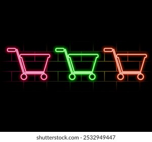 Neon shoping cart. Basket neon set. Online Shopping sign. Vector illustration.pink.