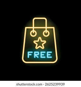 Neon shopping bag offering free products with a star sign on black background