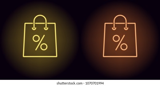 Neon shopping bag in yellow and orange color. Vector illustration of shopping bag with percent consisting of neon outlines, with backlight on the dark background