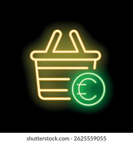 Neon shopping basket with euro sign glowing in the dark representing online shopping