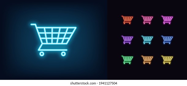 Icono del carrito de la compra Neon. Signo de la cesta de la vagoneta de neón brillante, símbolo del carrito de la tienda de esquinas en colores vivos. Tienda en línea, cesta de sitios web, compras en línea. Juego de iconos vectores, signo, pictograma para interfaz de usuario